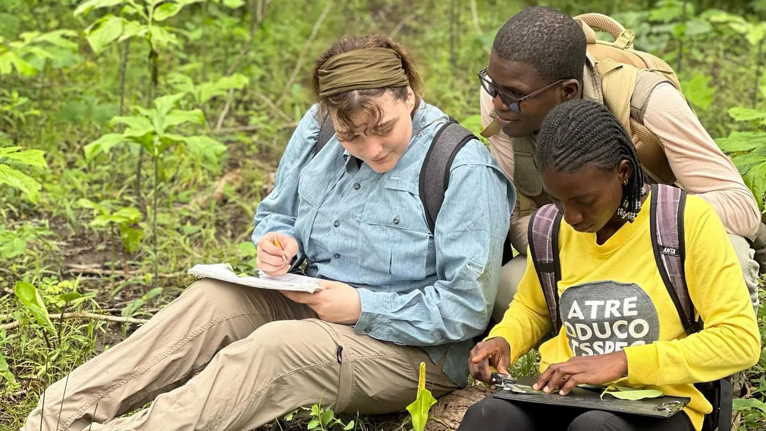 Students in the field sitting down and looking at notebooks
