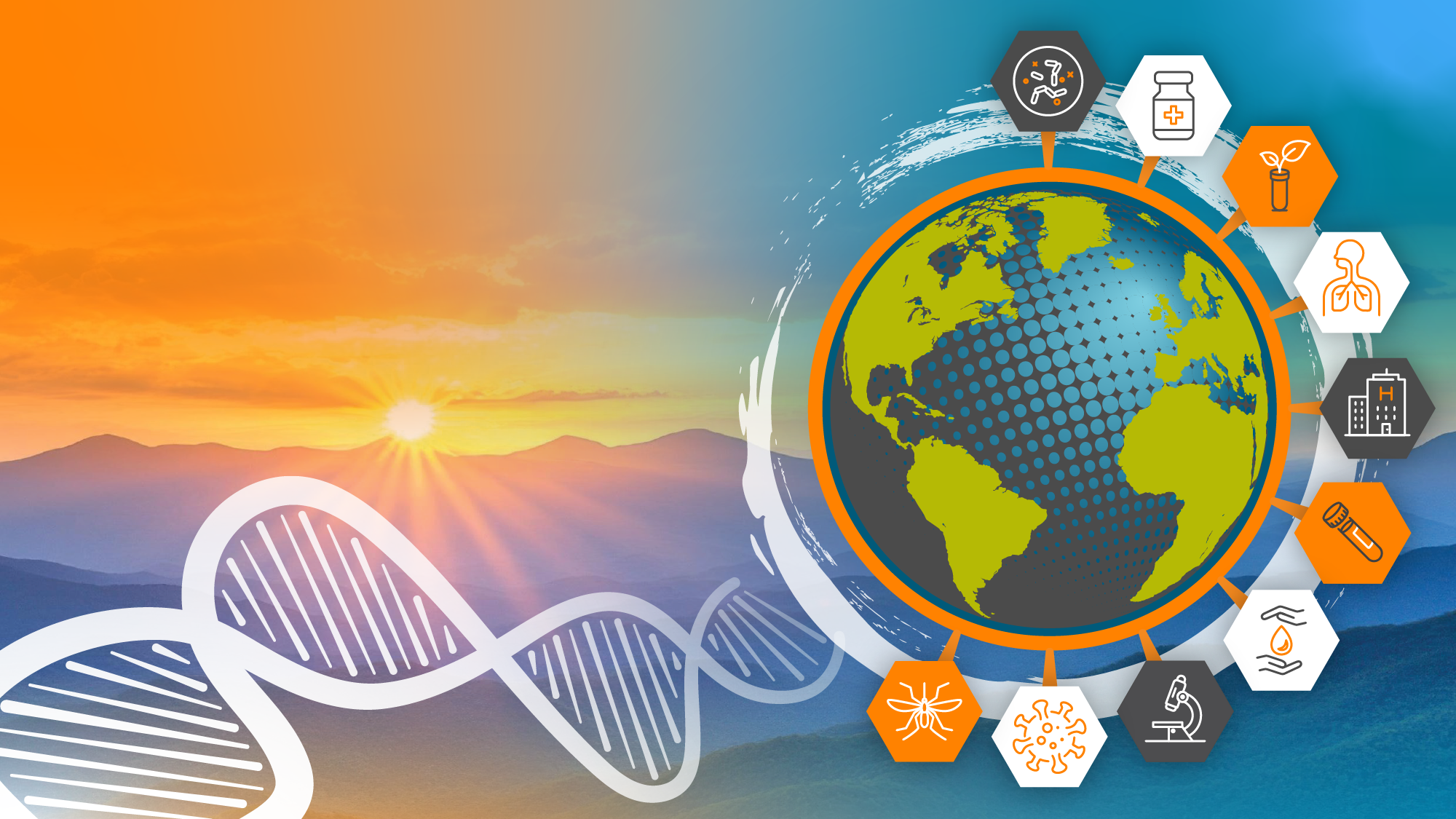 A graphic with the Earth surrounded by icons relating to biology and scientific research, set against a background of a sunset over a mountain range.