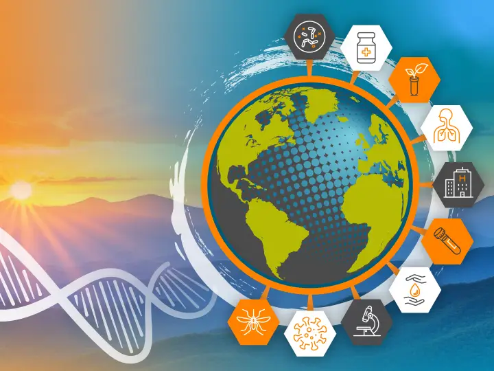A graphic with the Earth surrounded by icons relating to biology and scientific research, set against a background of a sunset over a mountain range.